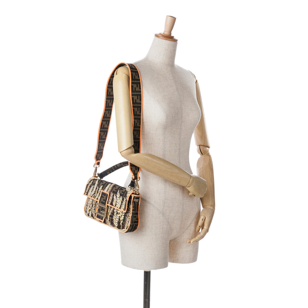 Fendi Zucca Embroidered Canvas Baguette Satchel
