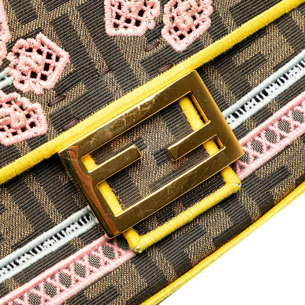 Fendi Zucca Embroidered Canvas Floral Baguette Satchel