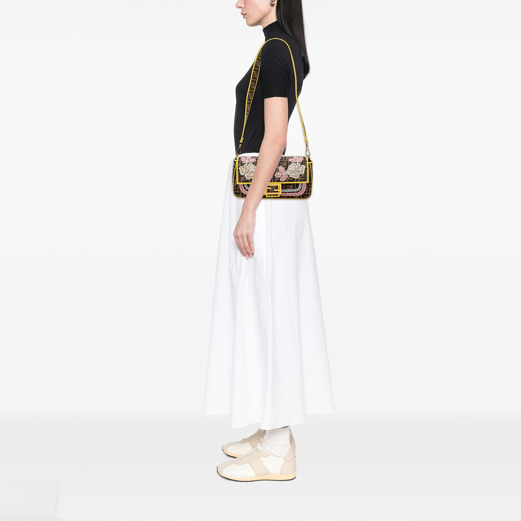Fendi Zucca Embroidered Canvas Floral Baguette Satchel