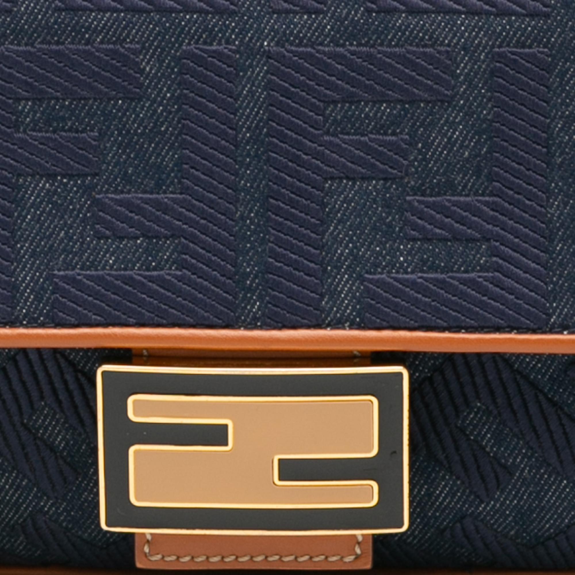 Fendi Zucca Embroidered Denim Baguette Satchel