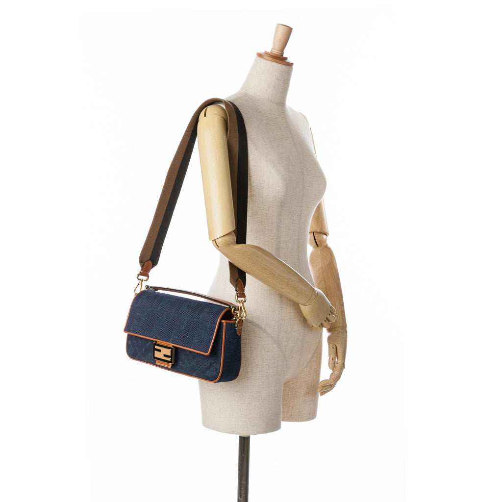 Fendi Zucca Embroidered Denim Baguette Satchel