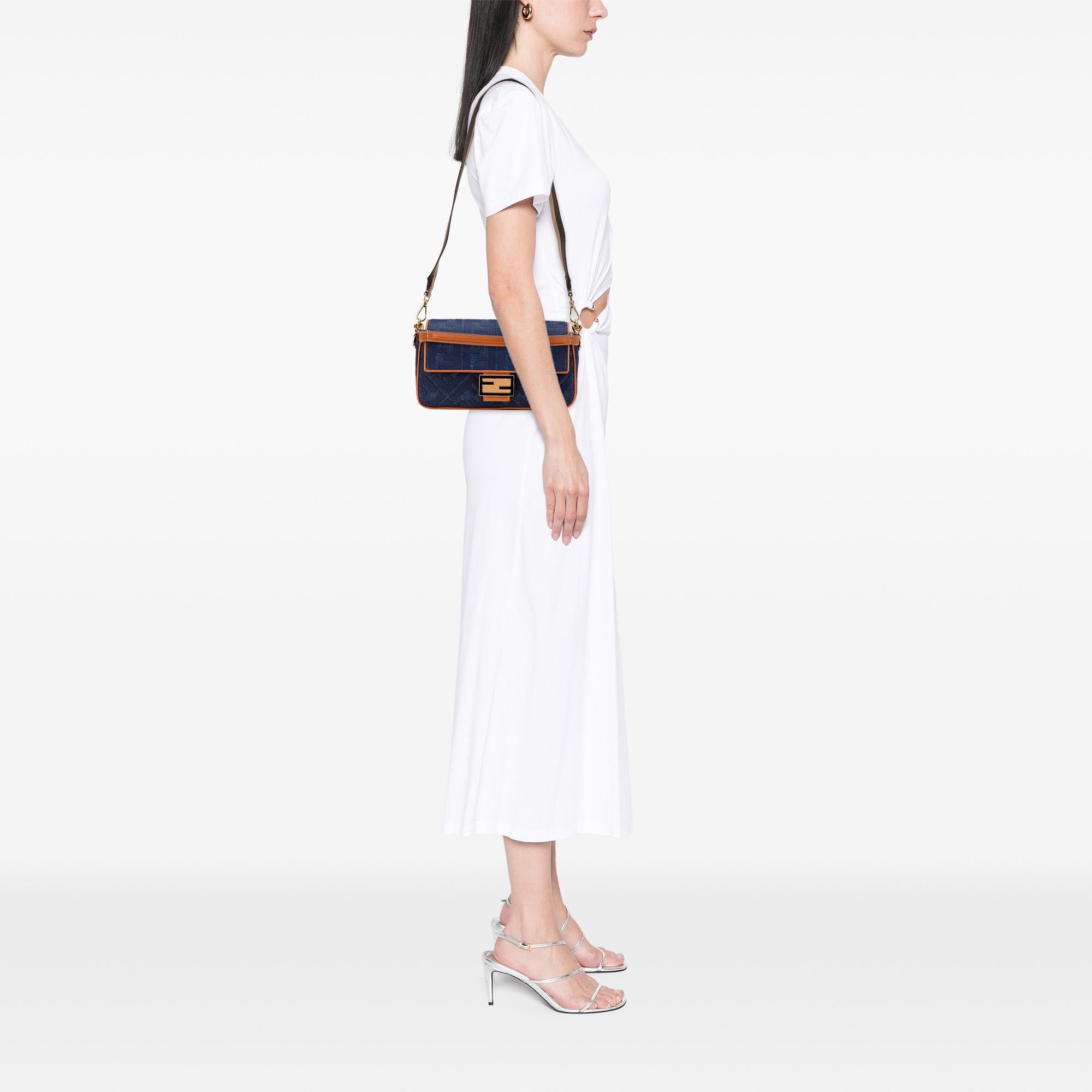 Fendi Zucca Embroidered Denim Baguette Satchel