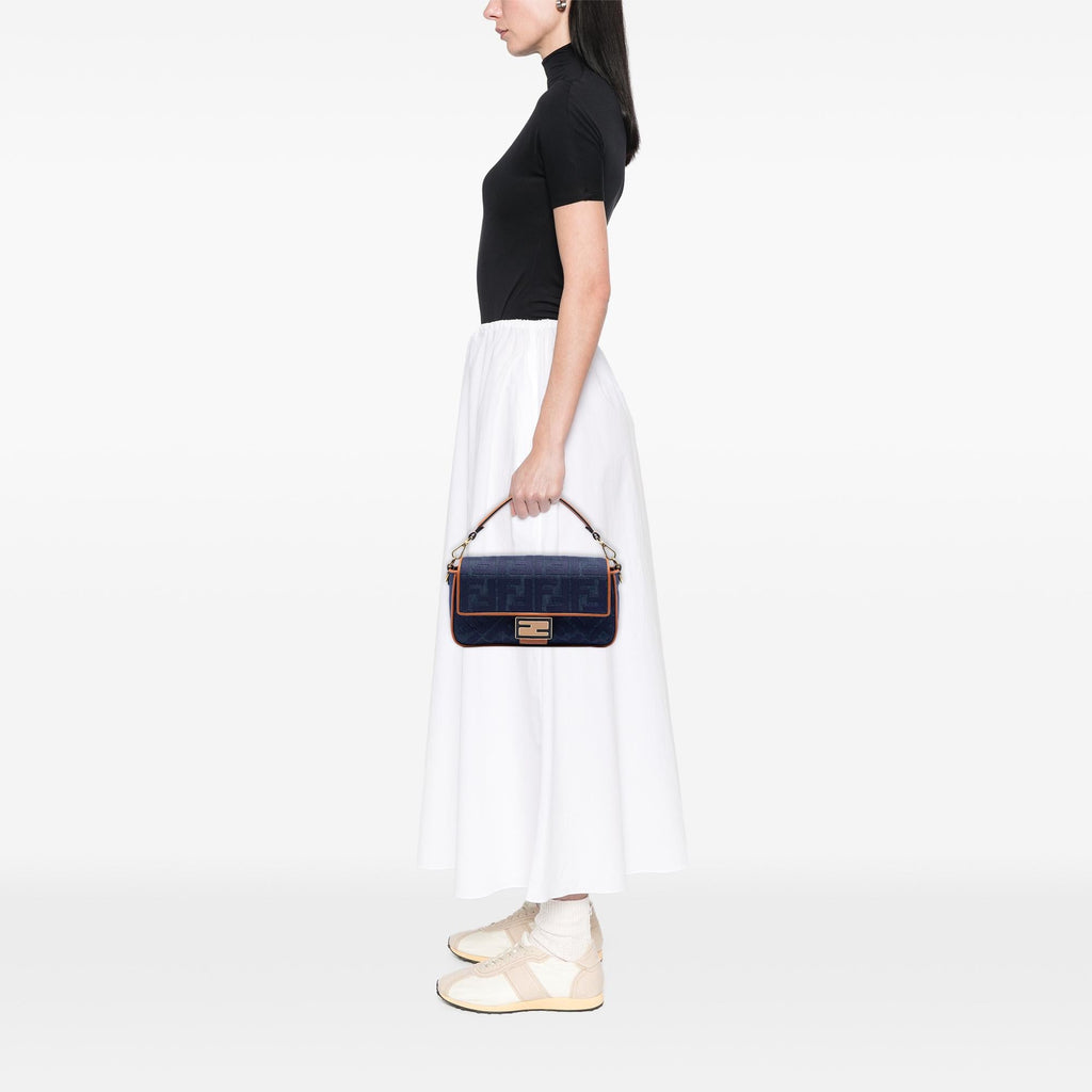 Fendi Zucca Embroidered Denim Baguette Satchel
