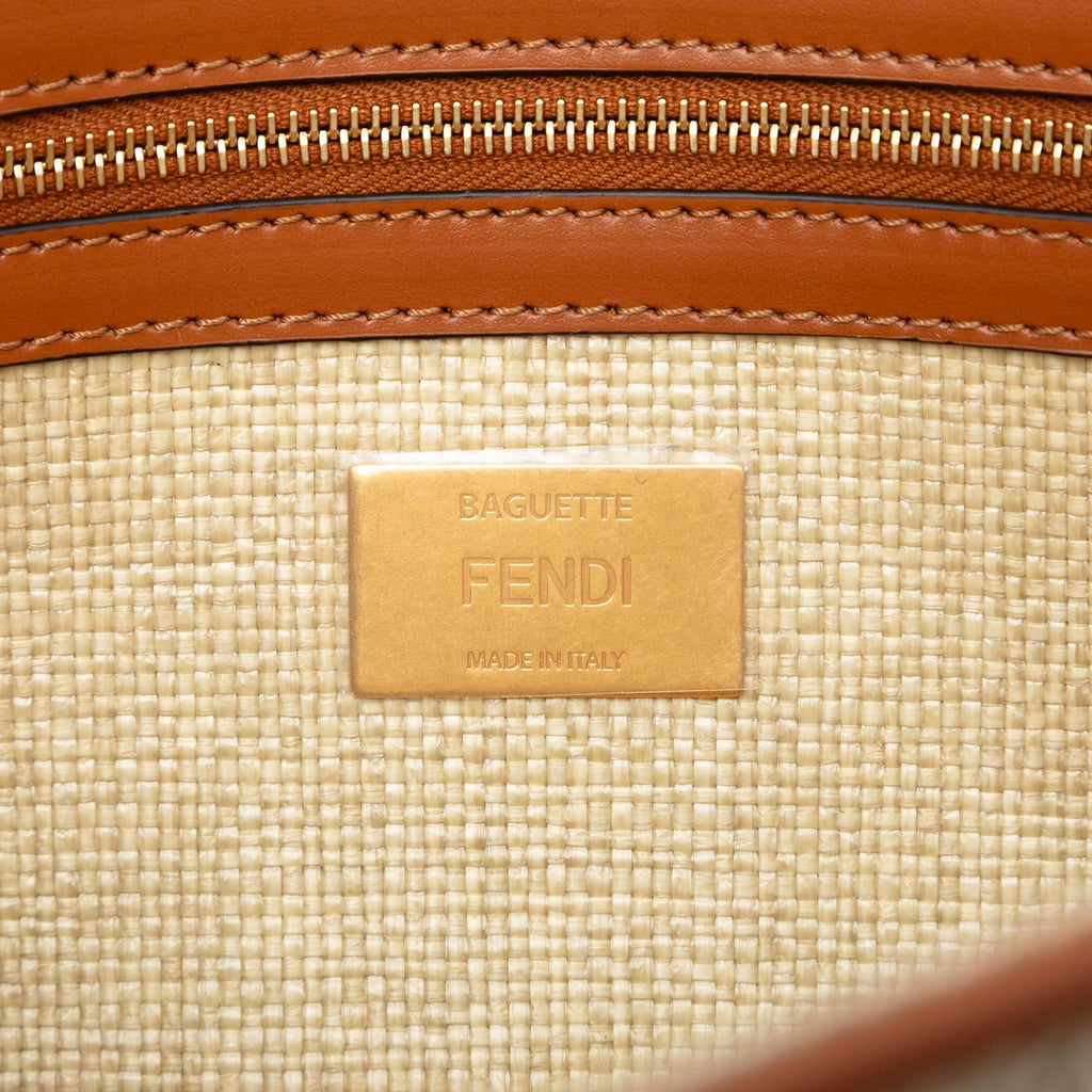 Fendi Zucca Embroidered Raffia Baguette Satchel