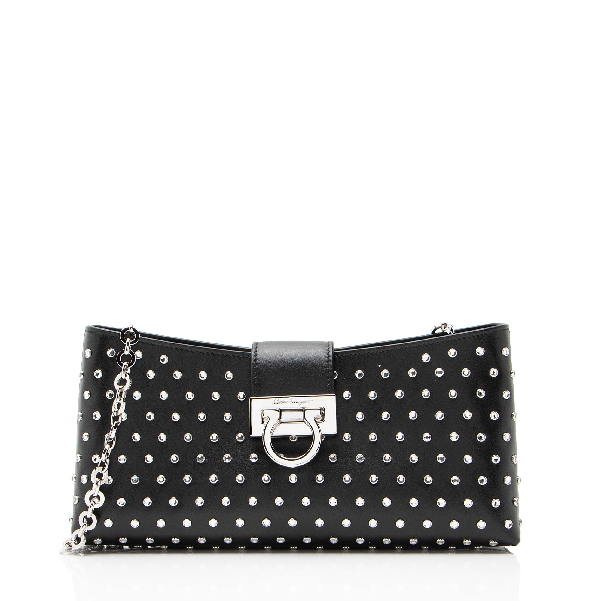 Ferragamo Leather Crystal Trifolio Chain Shoulder Bag