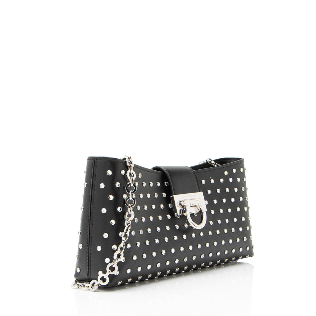 Ferragamo Leather Crystal Trifolio Chain Shoulder Bag