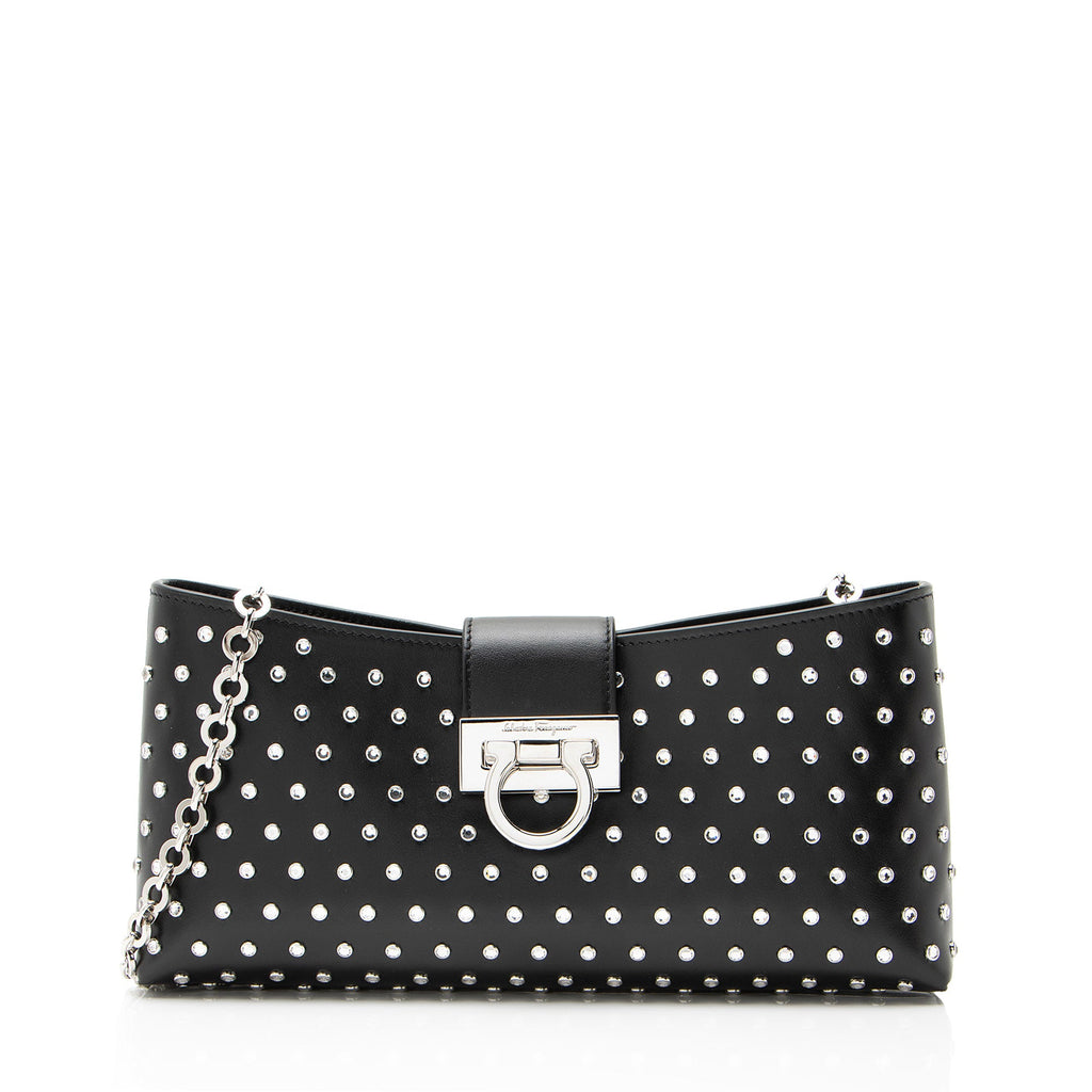 Ferragamo Leather Crystal Trifolio Chain Shoulder Bag