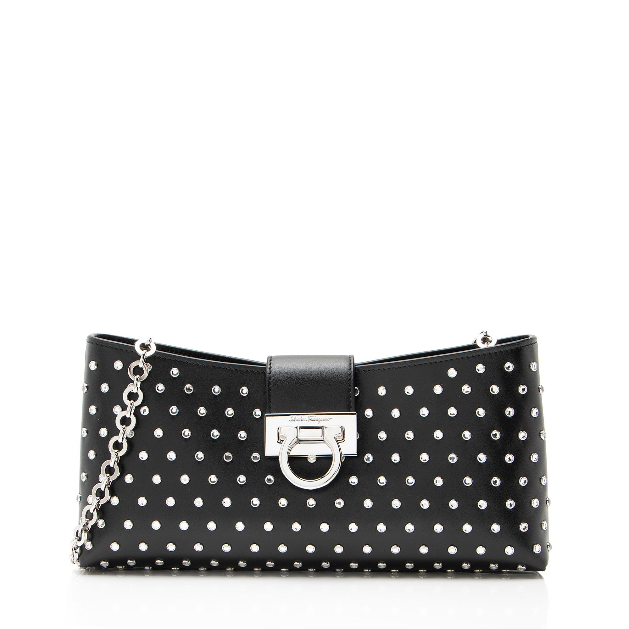 Ferragamo Leather Crystal Trifolio Chain Shoulder Bag