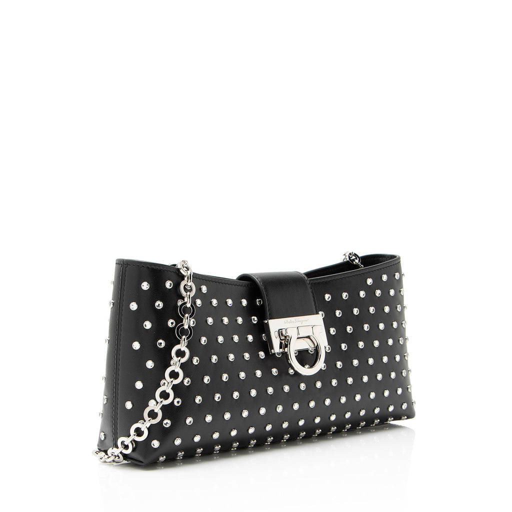 Ferragamo Leather Crystal Trifolio Chain Shoulder Bag