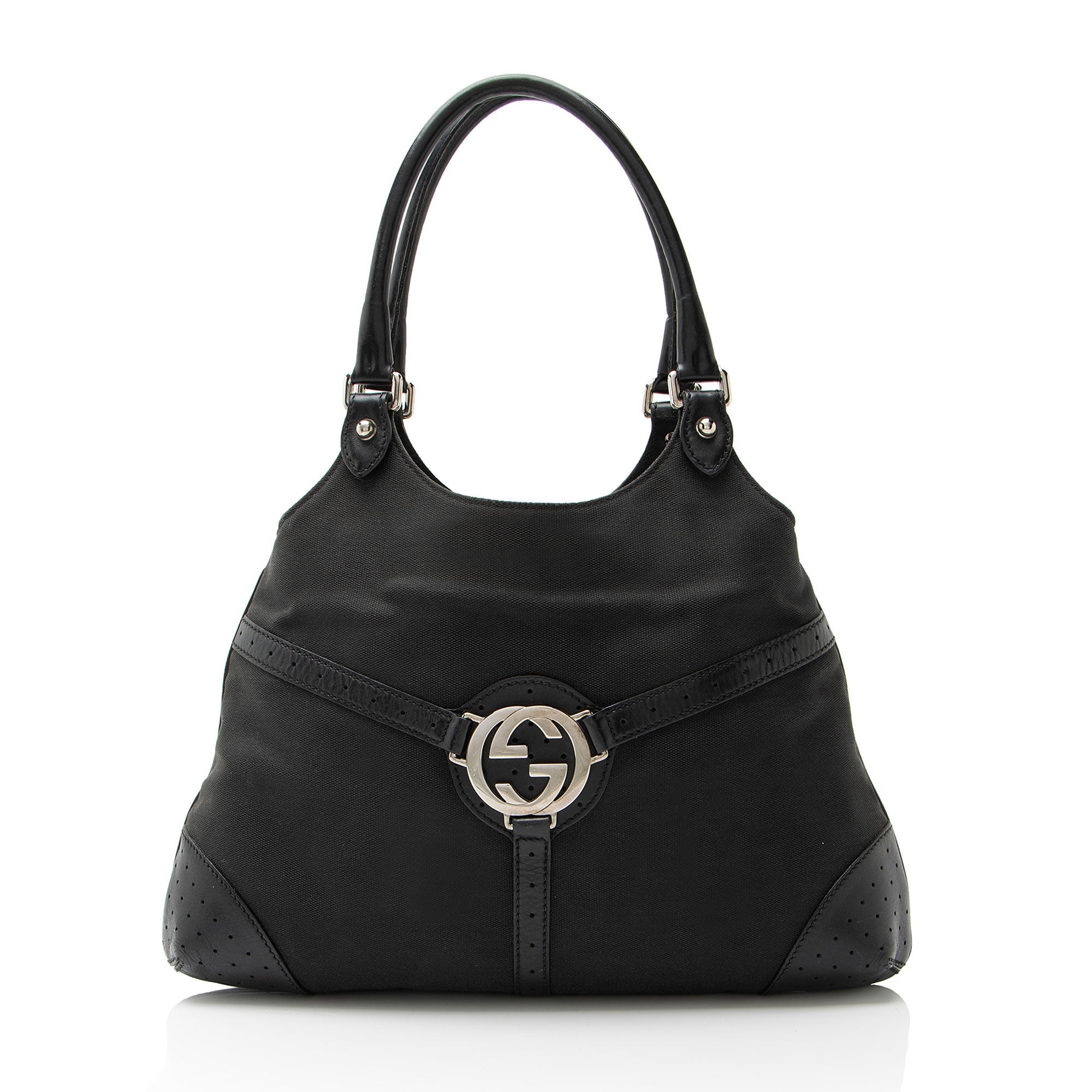 Gucci Canvas Perforated Leather Interlocking G Reins Satchel
