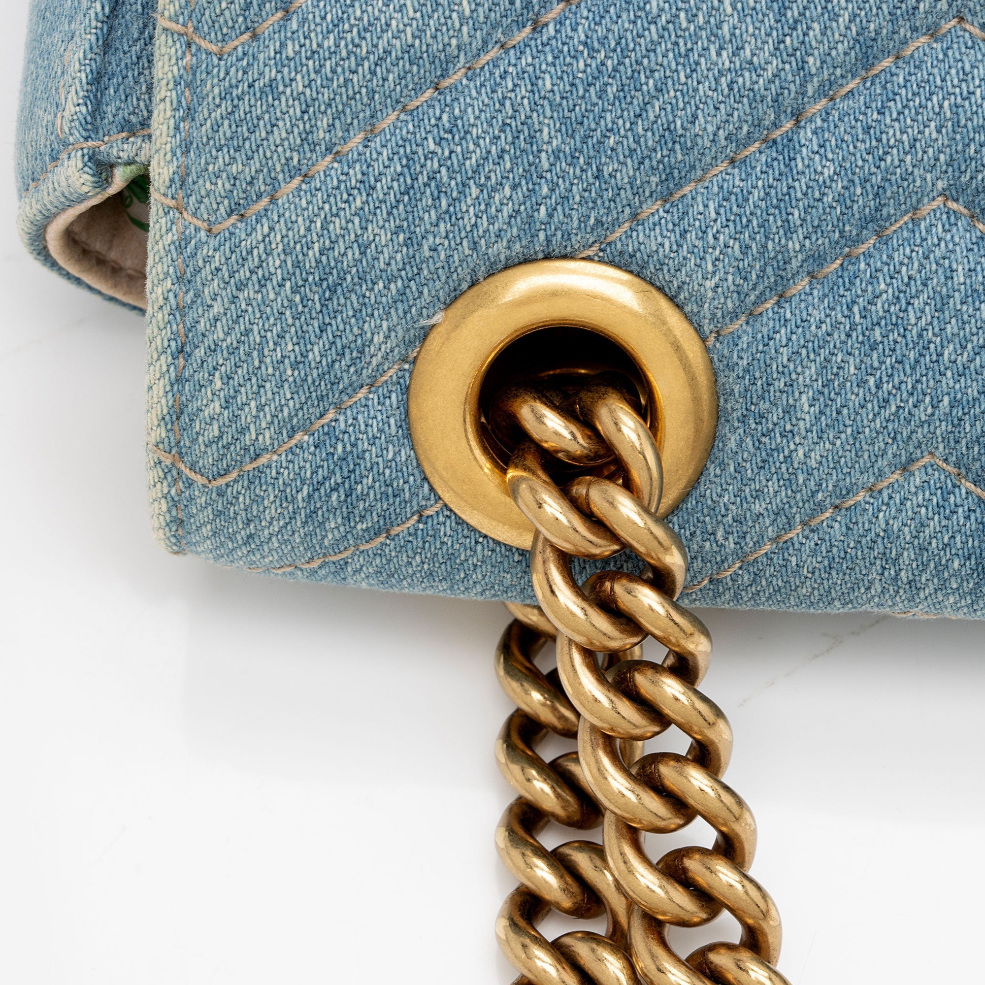 Gucci Denim Matelasse Pearl GG Marmont Small Flap Bag (SHF-JQgdk7)