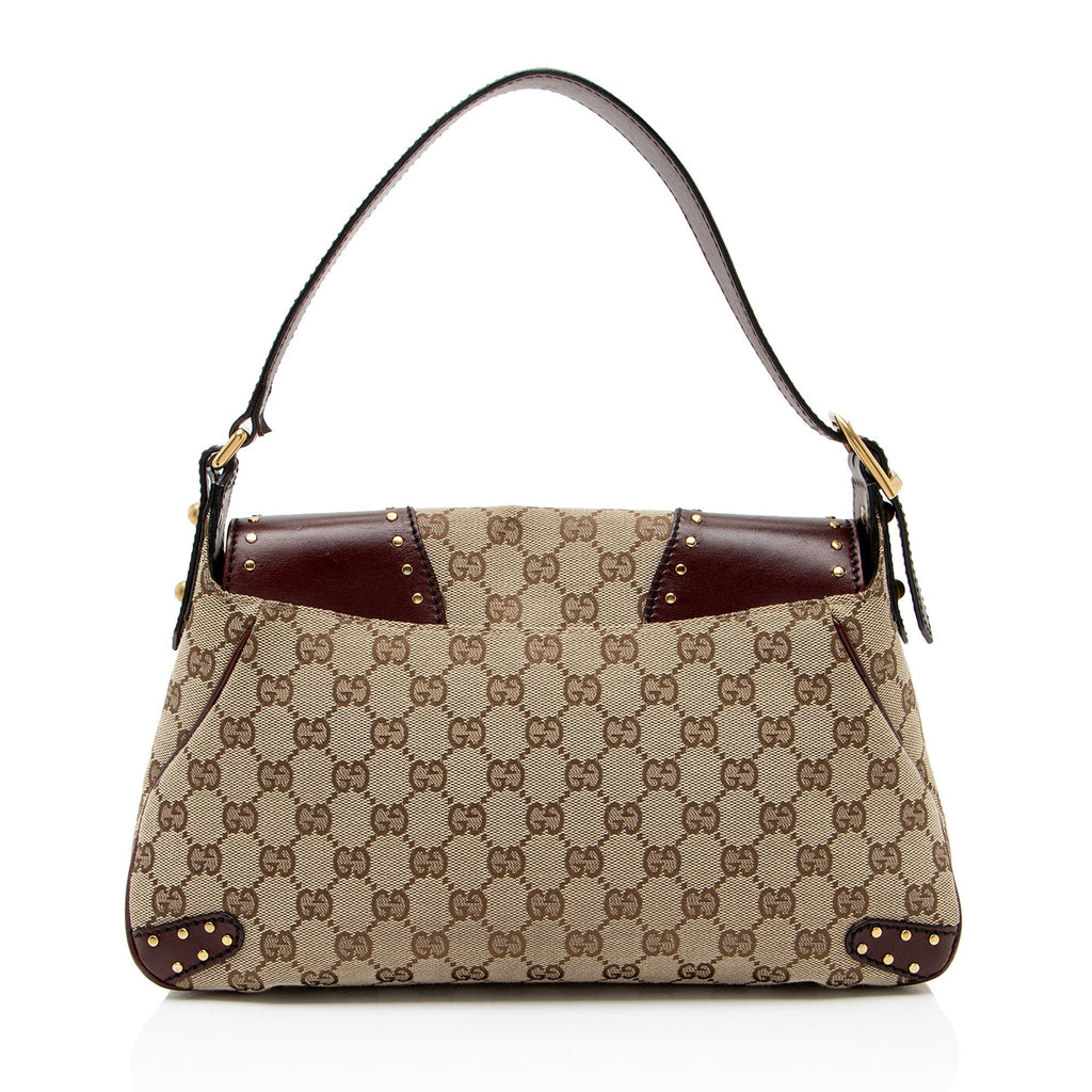Gucci GG Canvas Leather Studded Horsebit Shoulder Bag