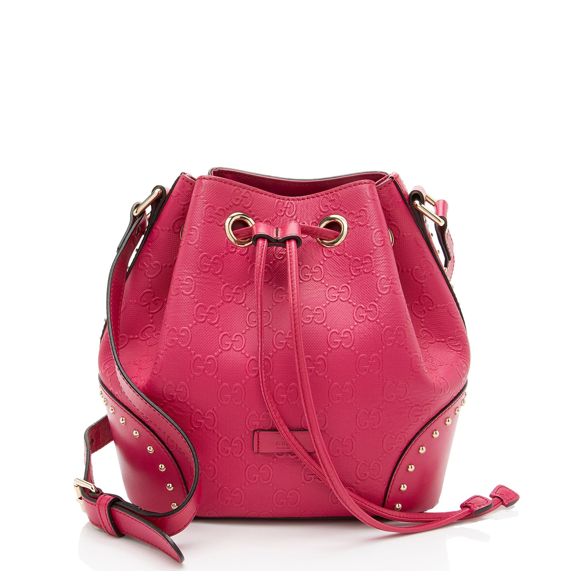 Gucci GG Debossed Leather Studded Bright Bucket Bag