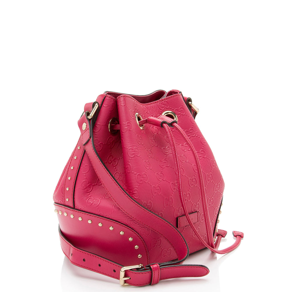Gucci GG Debossed Leather Studded Bright Bucket Bag