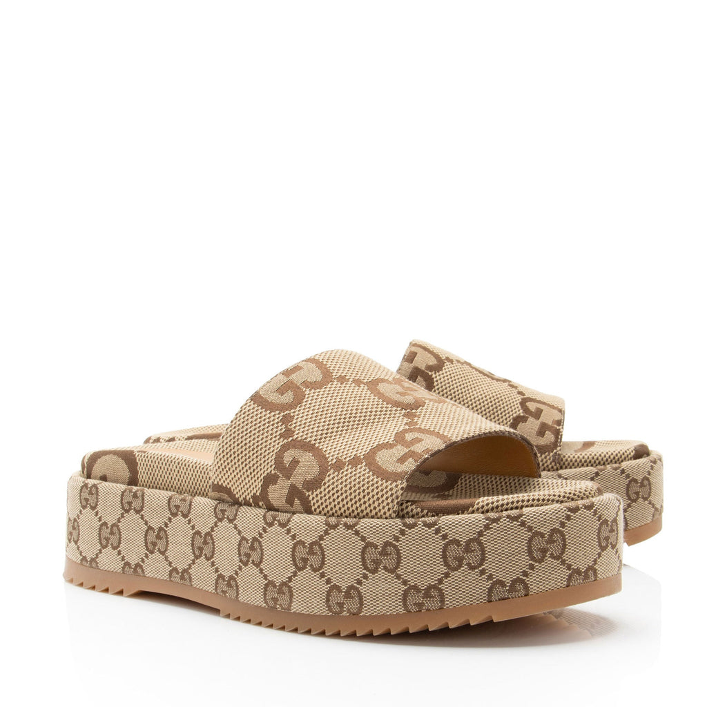 Gucci Jumbo GG Canvas Angelina Slide Platform Sandals - Size 7 / 37