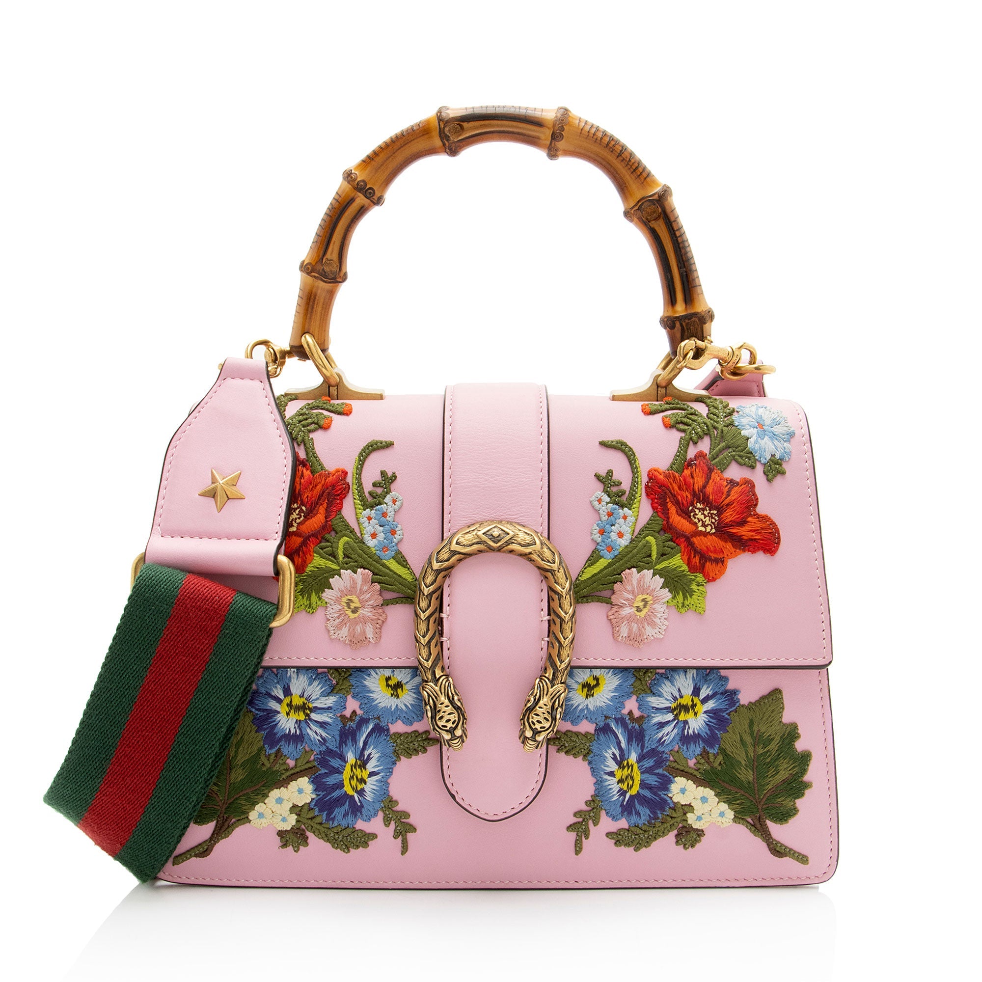 Gucci Leather Embroidered Bamboo Dionysus Medium Top Handle