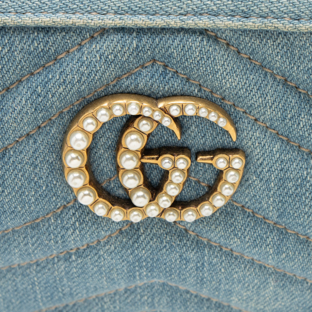 Gucci Matelasse Denim Pearl GG Marmont Mini Camera Bag