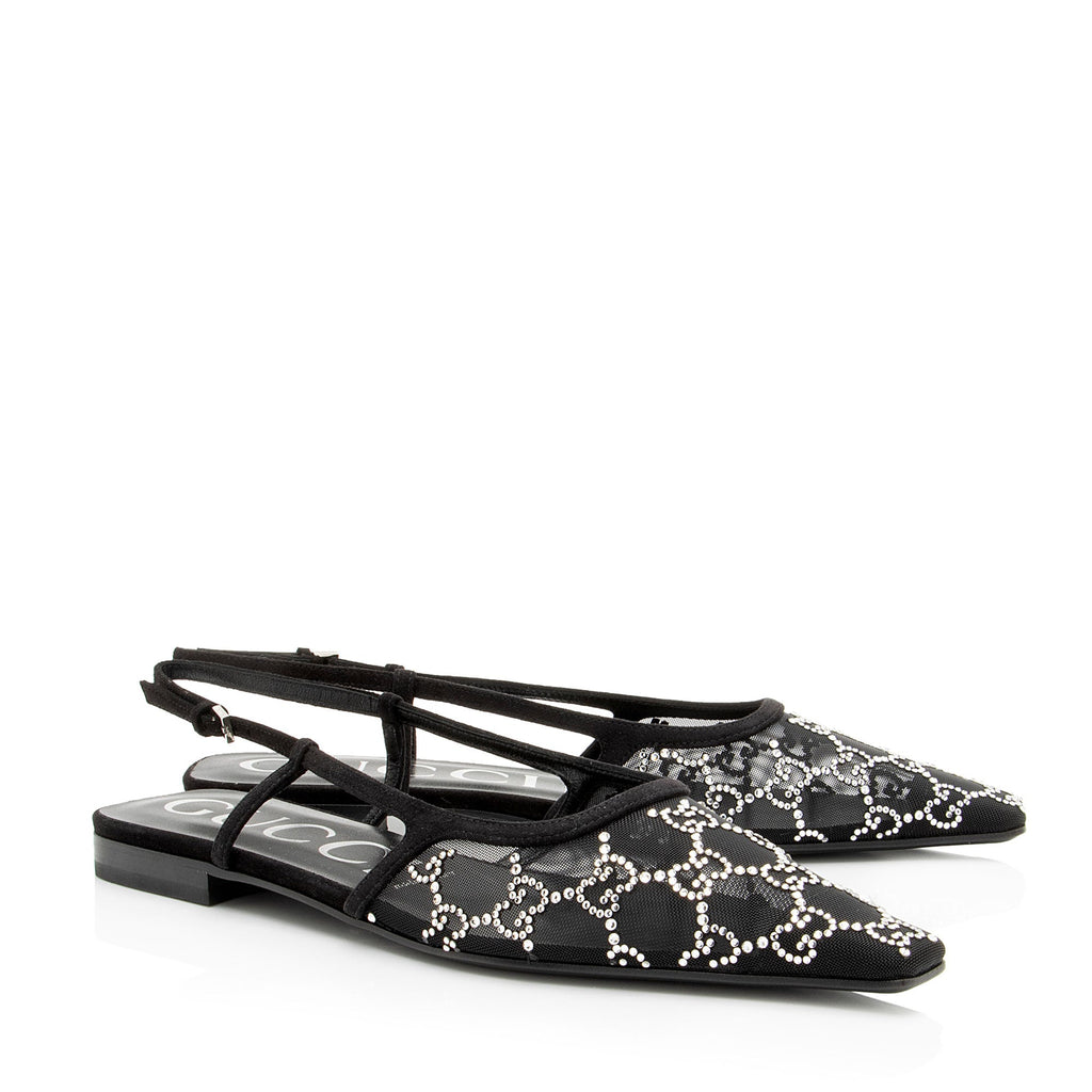 Gucci Mesh Crystal GG Slingback Flats - Size 8.5 / 38.5