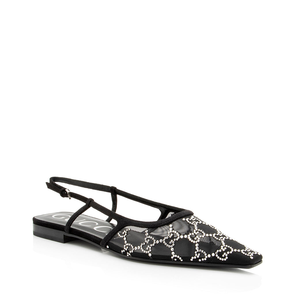 Gucci Mesh Crystal GG Slingback Flats - Size 8.5 / 38.5