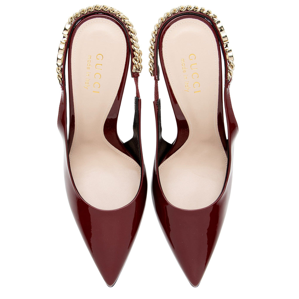 Gucci Patent Leather Chain Logo Signoria Slingback Pumps - Size 7 / 37