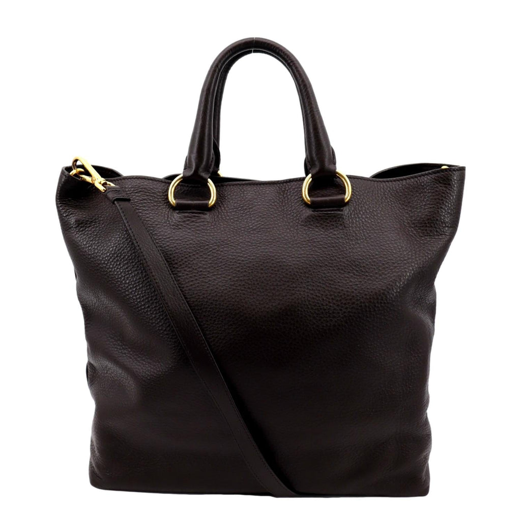 PRADA Vitello Daino Leather Tote Shoulder Bag Dark Brown