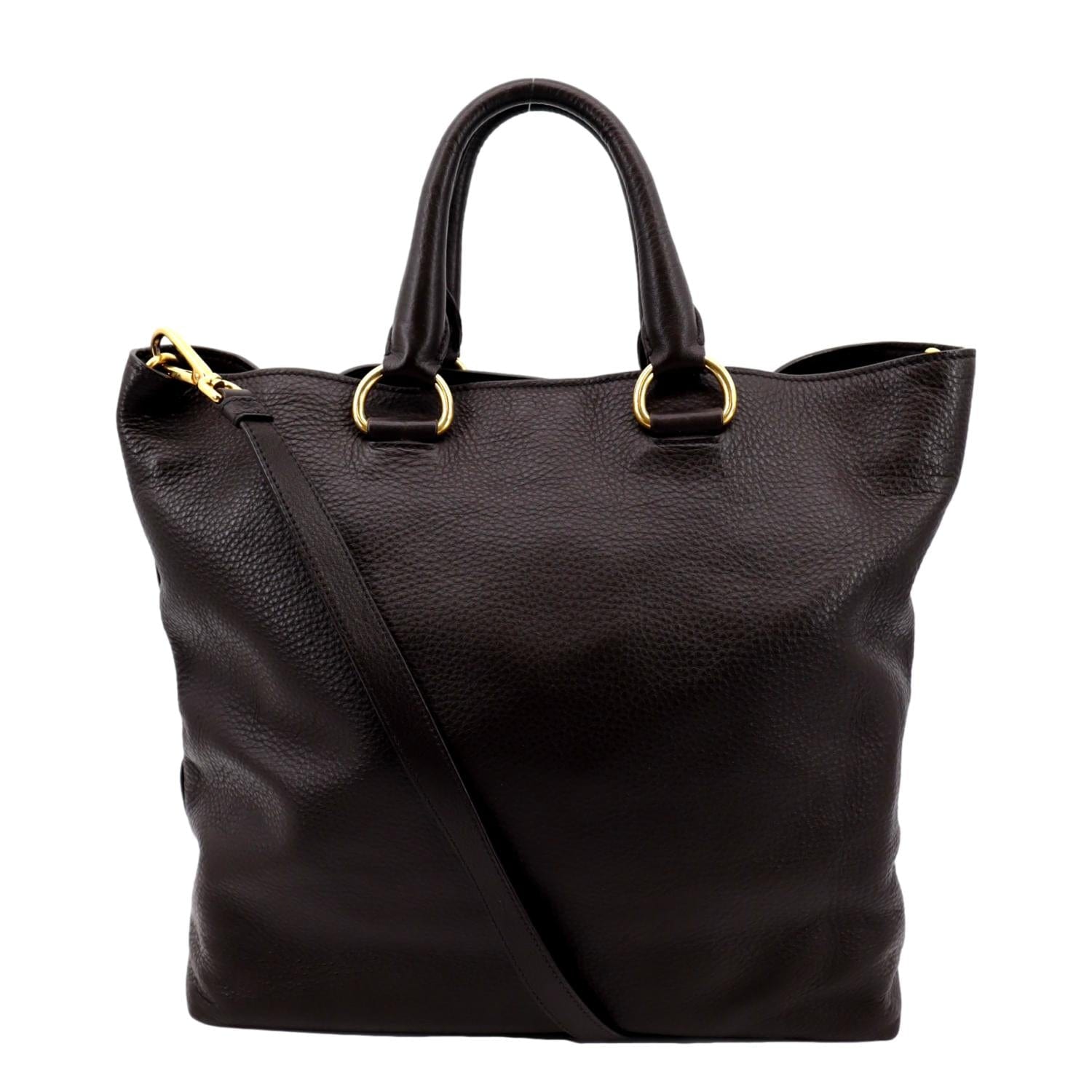 PRADA Vitello Daino Leather Tote Shoulder Bag Dark Brown