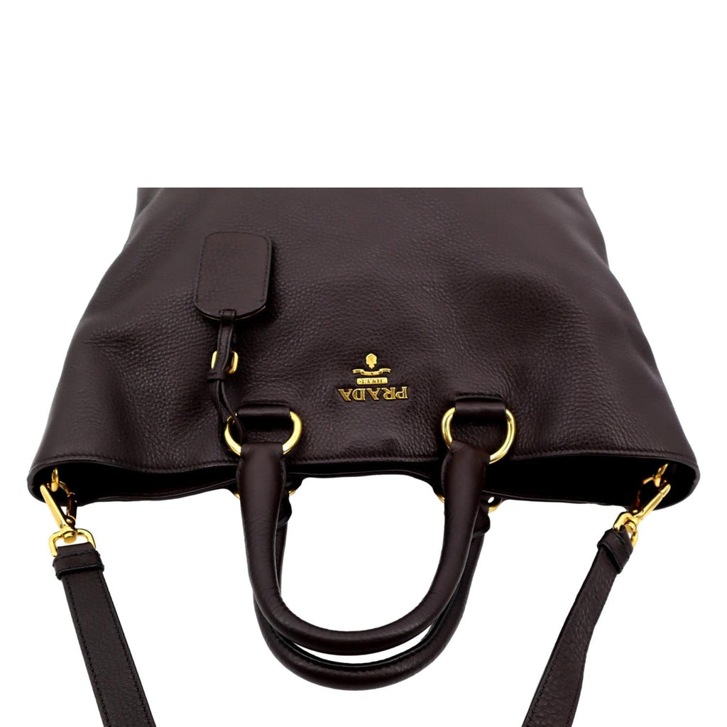 PRADA Vitello Daino Leather Tote Shoulder Bag Dark Brown