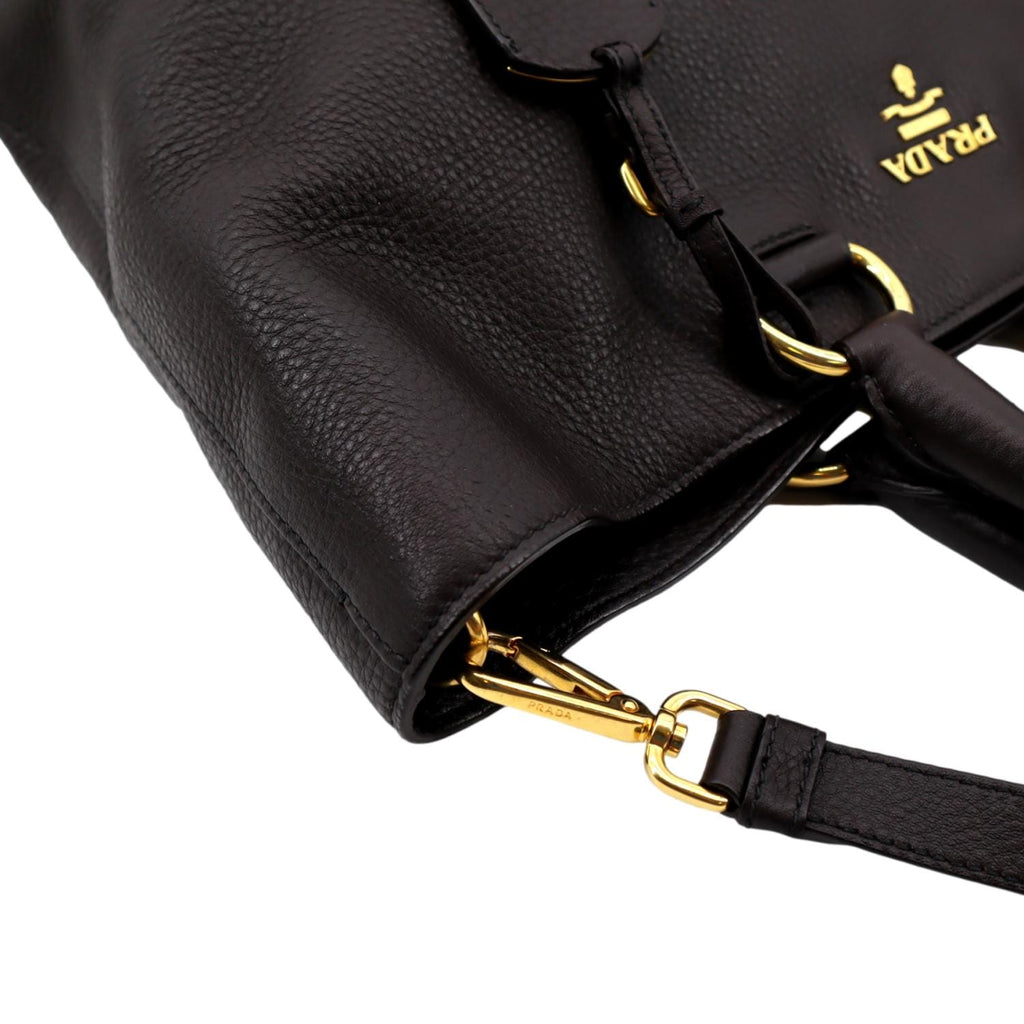 PRADA Vitello Daino Leather Tote Shoulder Bag Dark Brown