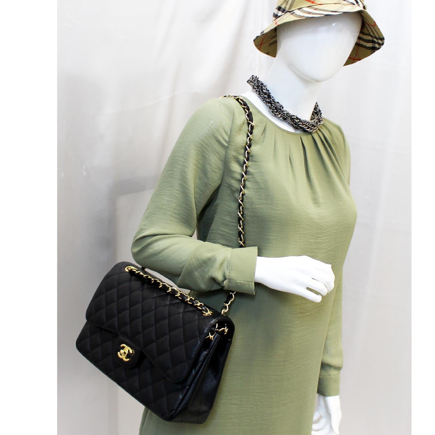 CHANEL Classic Jumbo Caviar Leather Double Flap Shoulder Bag Black