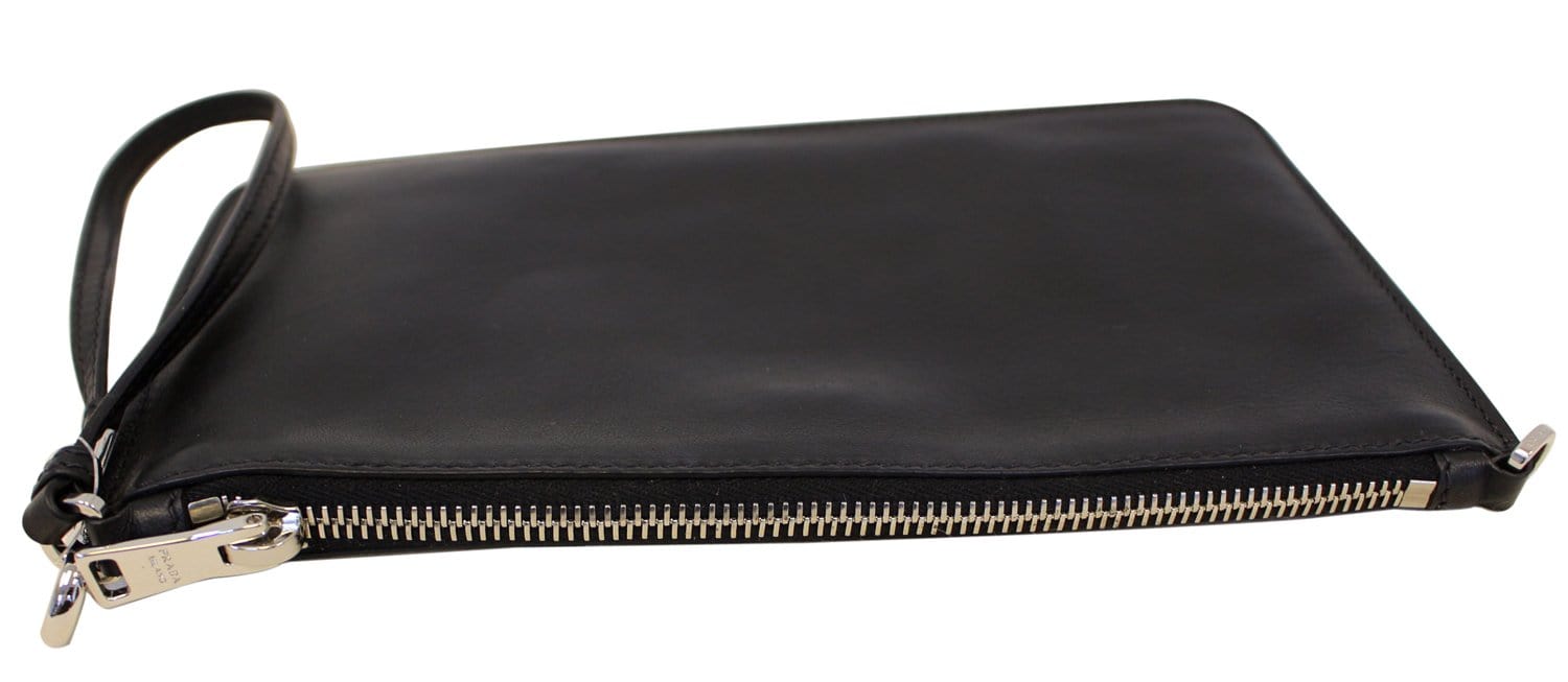 PRADA Black Leather Logo Plaque Wristlet Clutch Bag