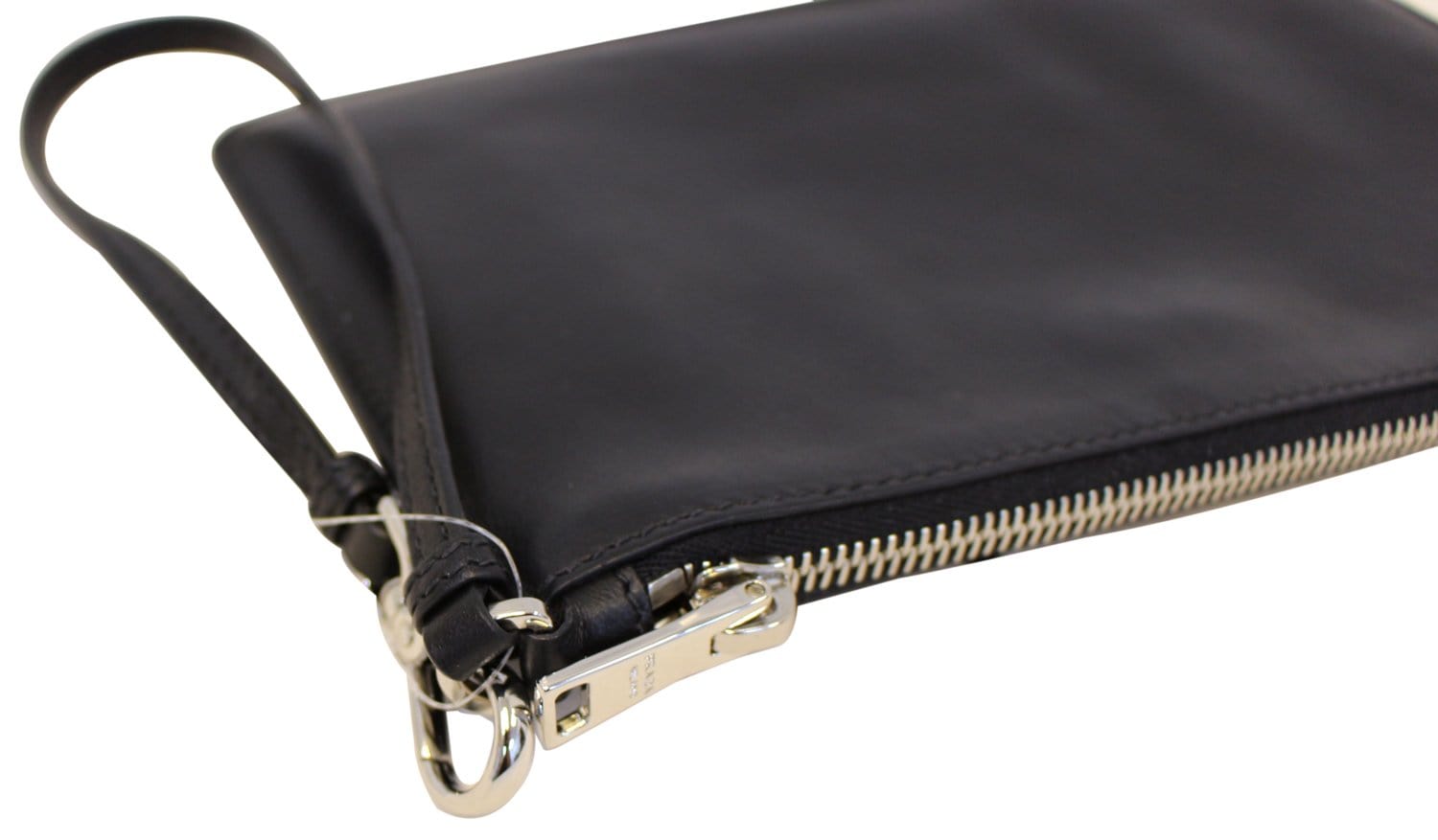 PRADA Black Leather Logo Plaque Wristlet Clutch Bag