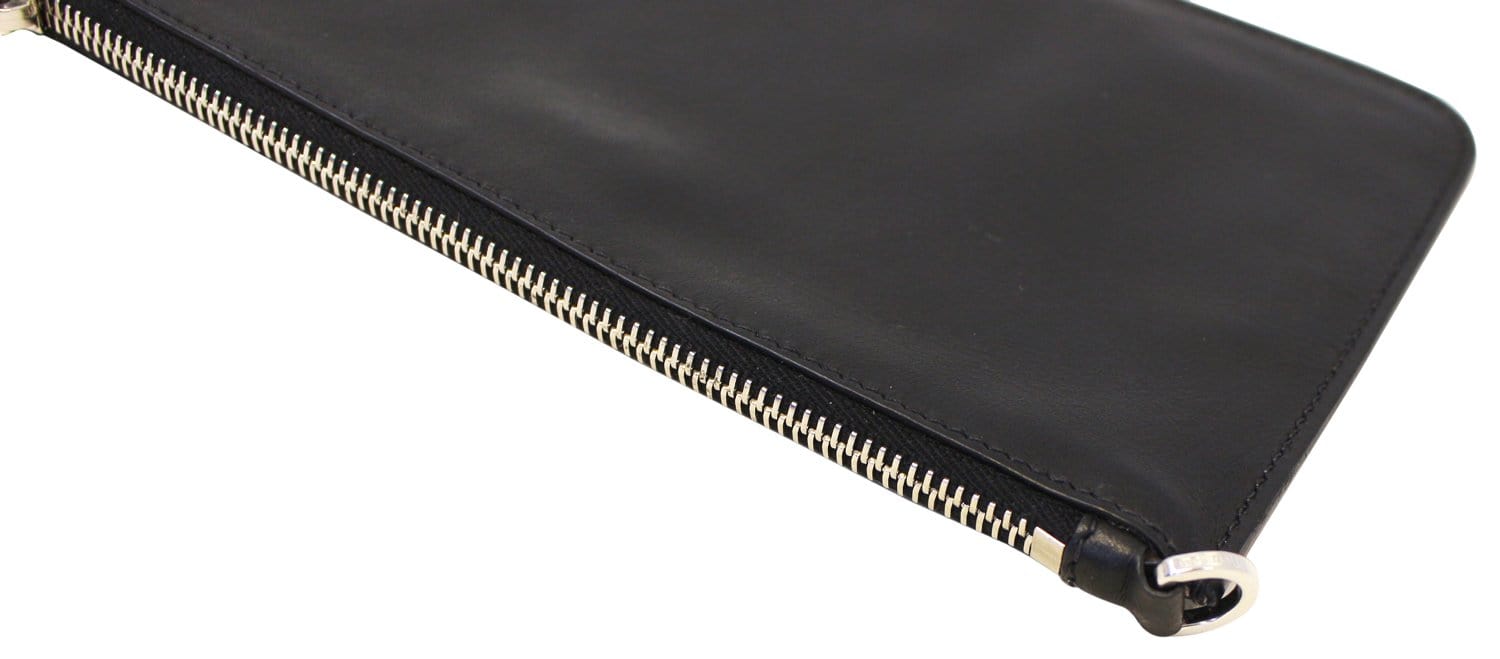 PRADA Black Leather Logo Plaque Wristlet Clutch Bag
