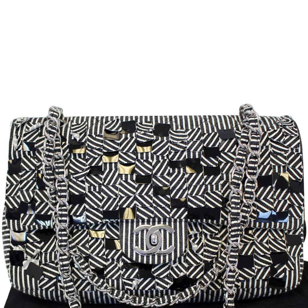 CHANEL Black/White Striped Medium Flap Shoulder Bag - Sale