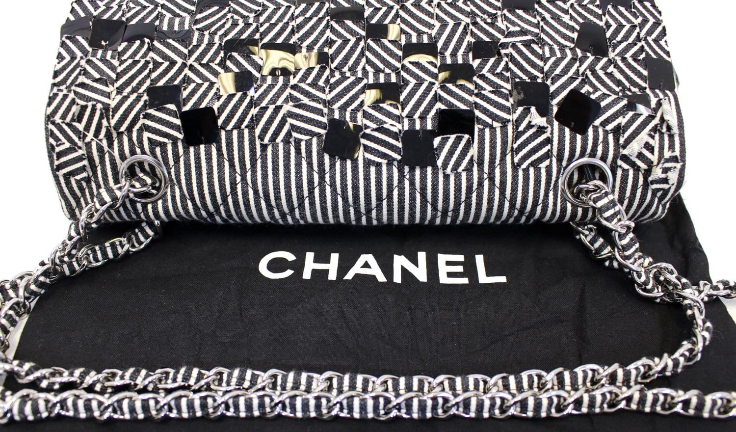 CHANEL Black/White Striped Medium Flap Shoulder Bag - Sale