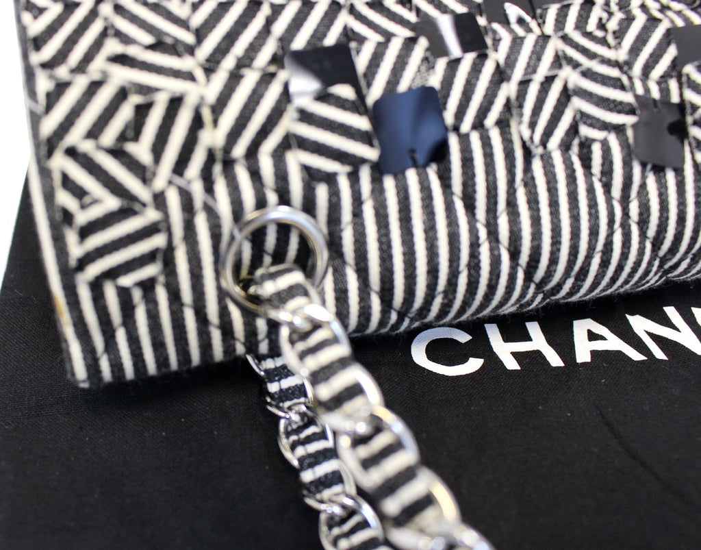 CHANEL Black/White Striped Medium Flap Shoulder Bag - Sale