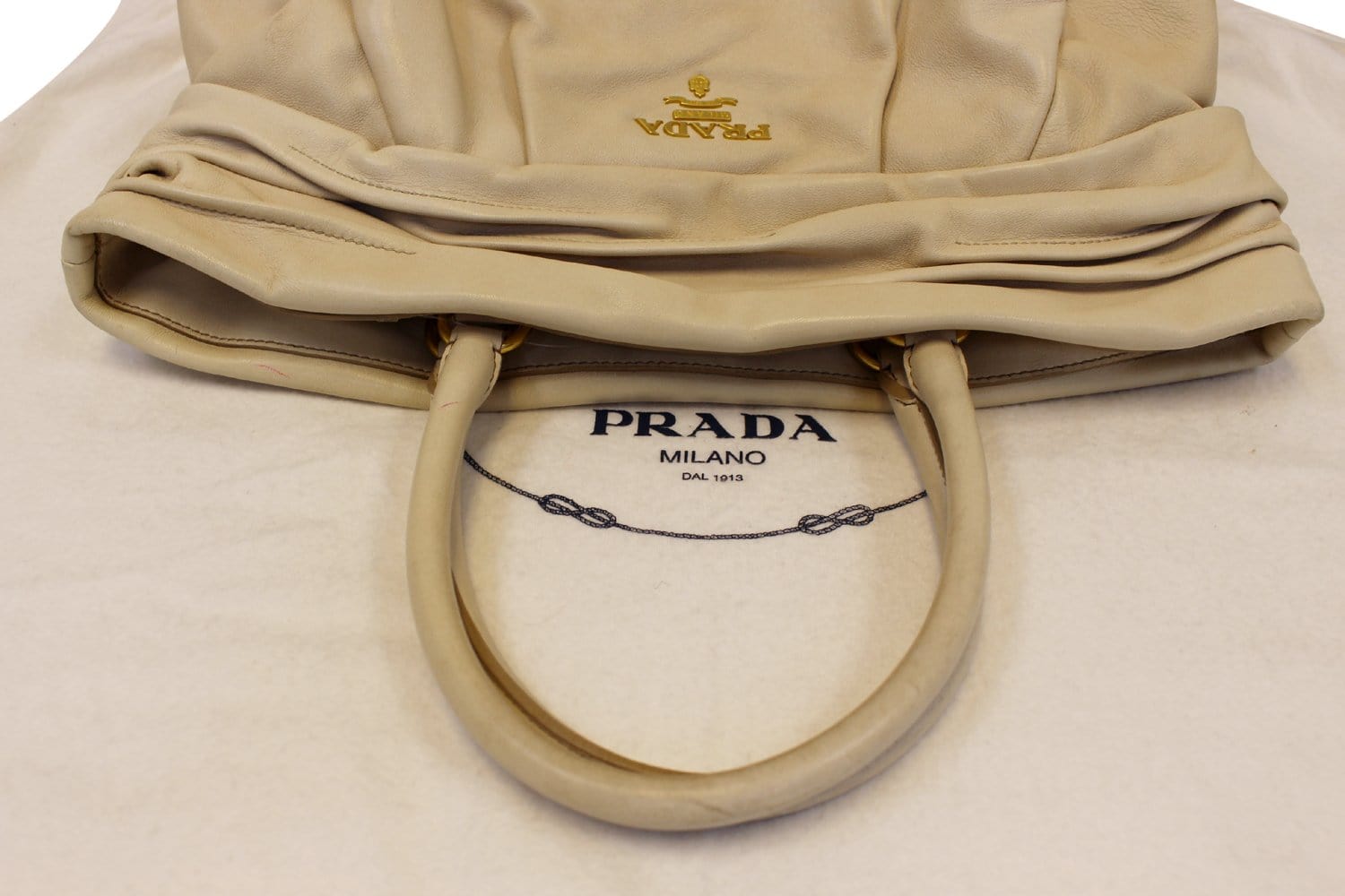 PRADA Nappa Frills Shopping Beige Leather Tote Bag