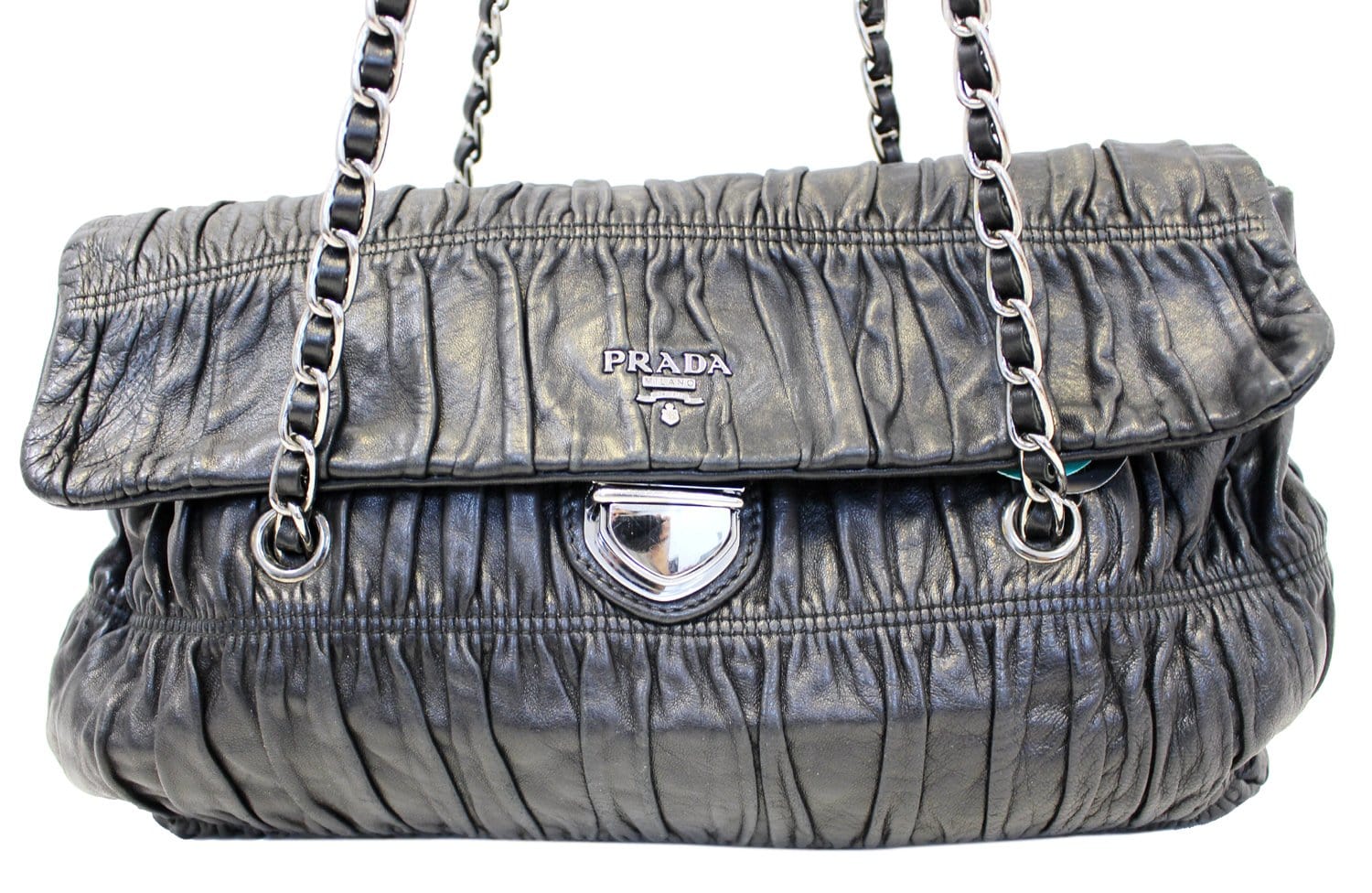 PRADA Black Nappa Leather Gaufre Ruched Flap Shoulder Bag