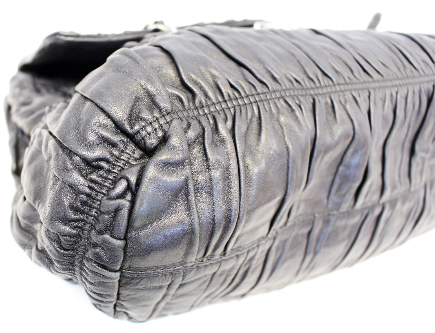 PRADA Black Nappa Leather Gaufre Ruched Flap Shoulder Bag
