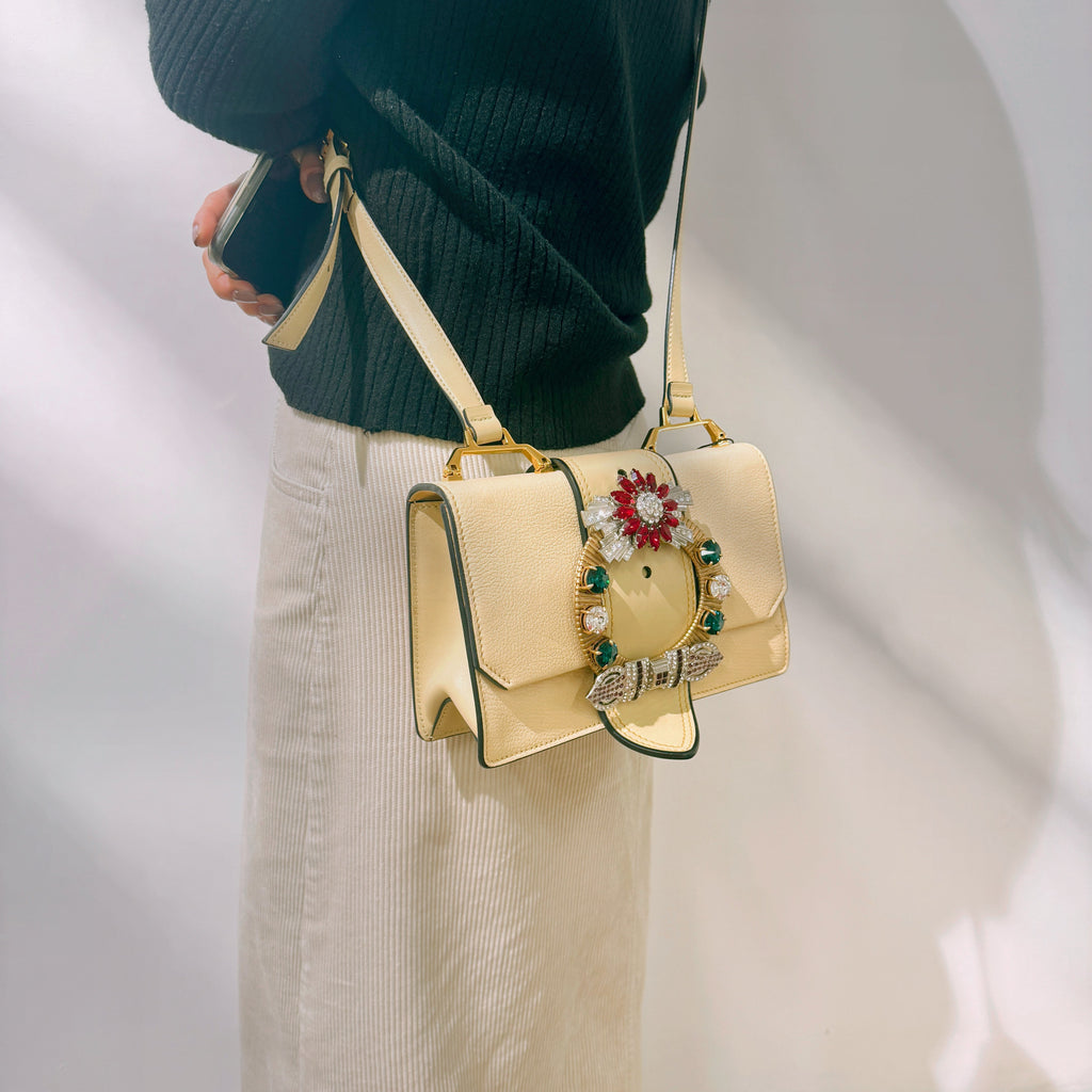 MiuMiu Raffia Madras Crystal Embellished Lady Shoulder Bag TWS