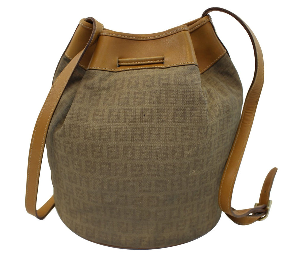 FENDI FF Leather Brown Bucket Shoulder Bag