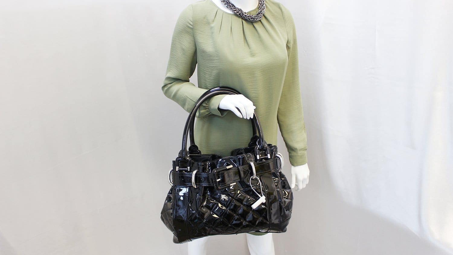 BURBERRY Black Quilted Patent Leather Beaton Tote Bag