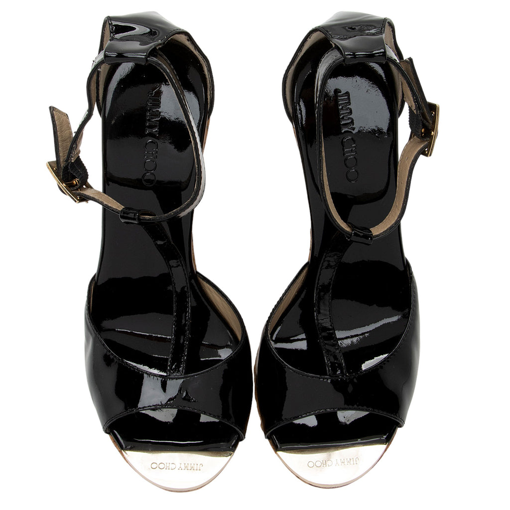 Jimmy Choo Patent Leather T-Strap Wedge Sandals - Size 7 / 37 (SHF-T1JDdG)