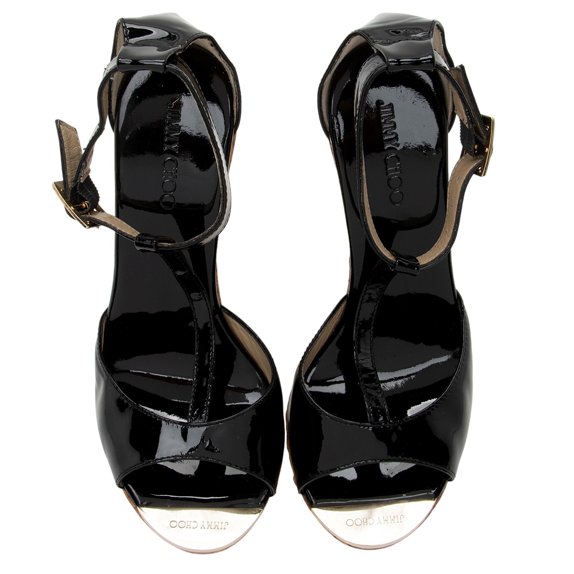 Jimmy Choo Patent Leather T-Strap Wedge Sandals - Size 7 / 37 (SHF-T1JDdG)