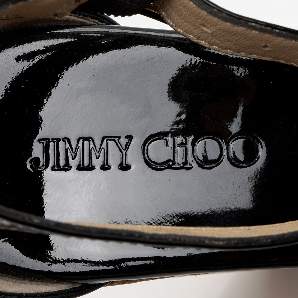 Jimmy Choo Patent Leather T-Strap Wedge Sandals - Size 7 / 37 (SHF-T1JDdG)