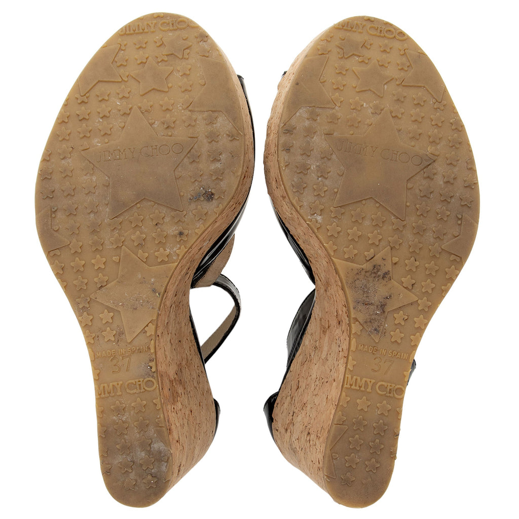 Jimmy Choo Patent Leather T-Strap Wedge Sandals - Size 7 / 37 (SHF-T1JDdG)