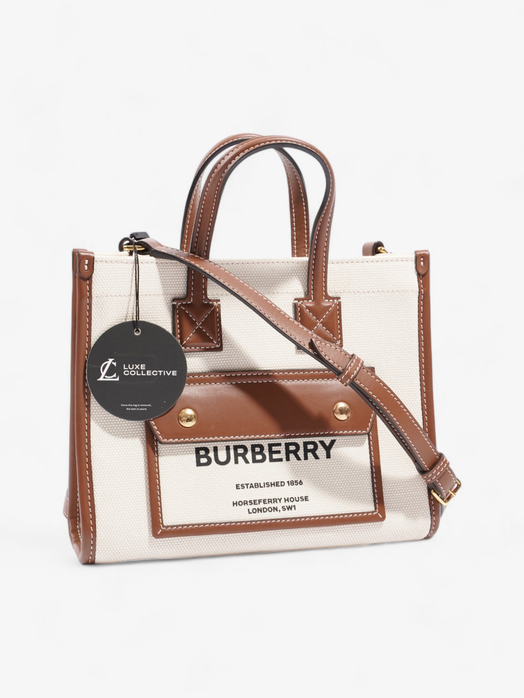 Burberry Freya Horseferry Tote Natural / Tan Cotton Mini