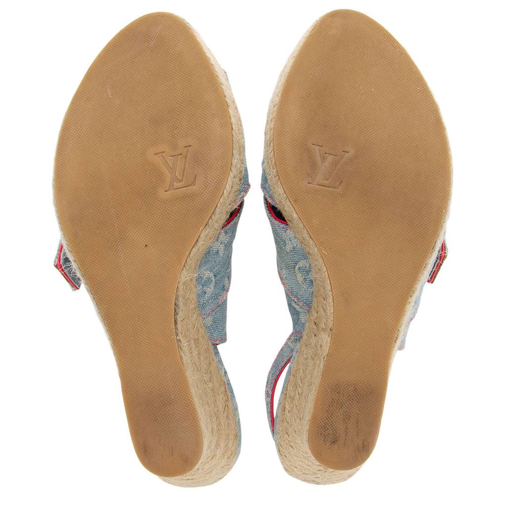 Louis Vuitton Limited Edition Monogram Denim Rosa Espadrille Wedges - Size 8.5 / 38.5