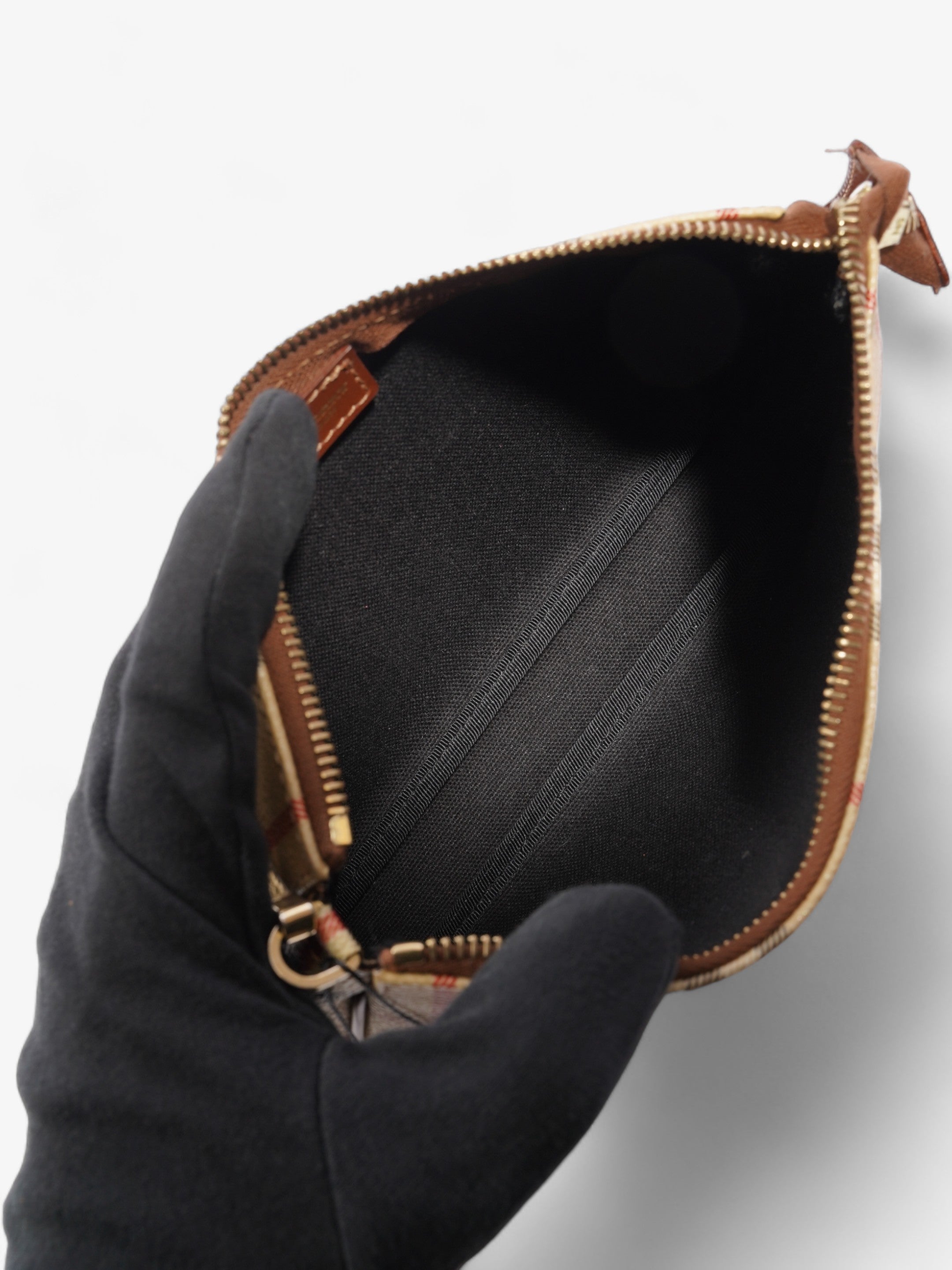 Burberry Classic Zip Shoulder Haymarket Check / Brown Leather Coated Canvas