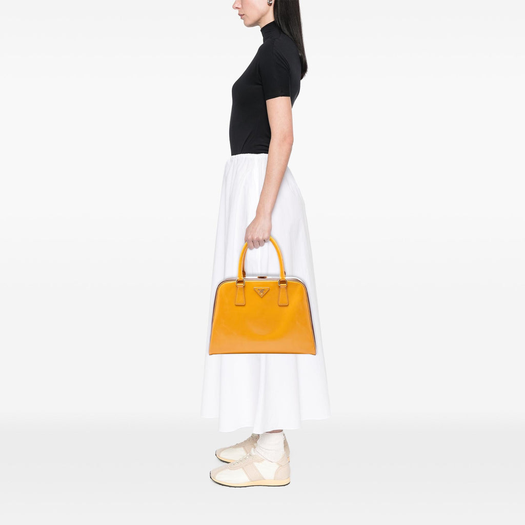 Prada Bicolor Saffiano Vernice Pyramid Frame Handbag