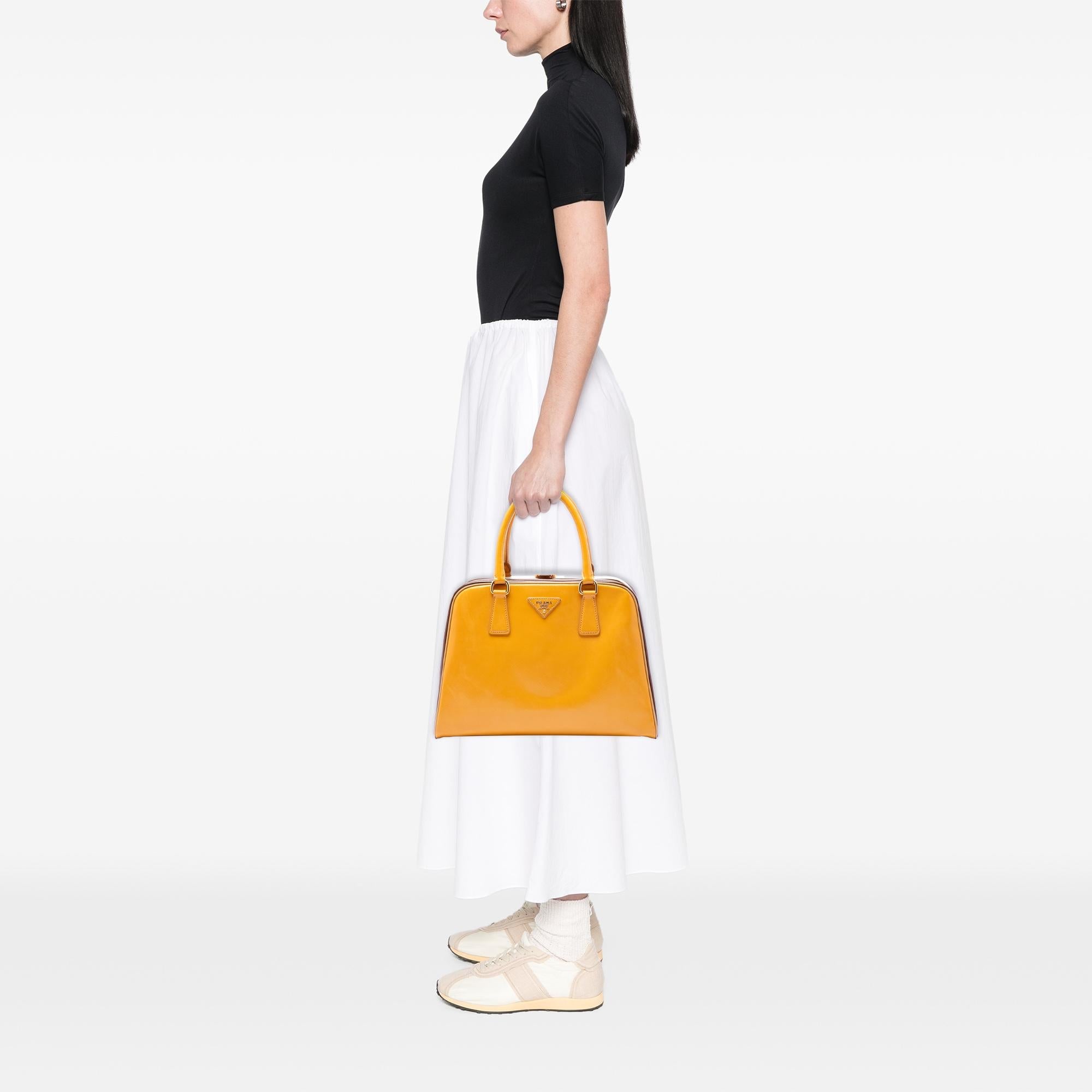 Prada Bicolor Saffiano Vernice Pyramid Frame Handbag
